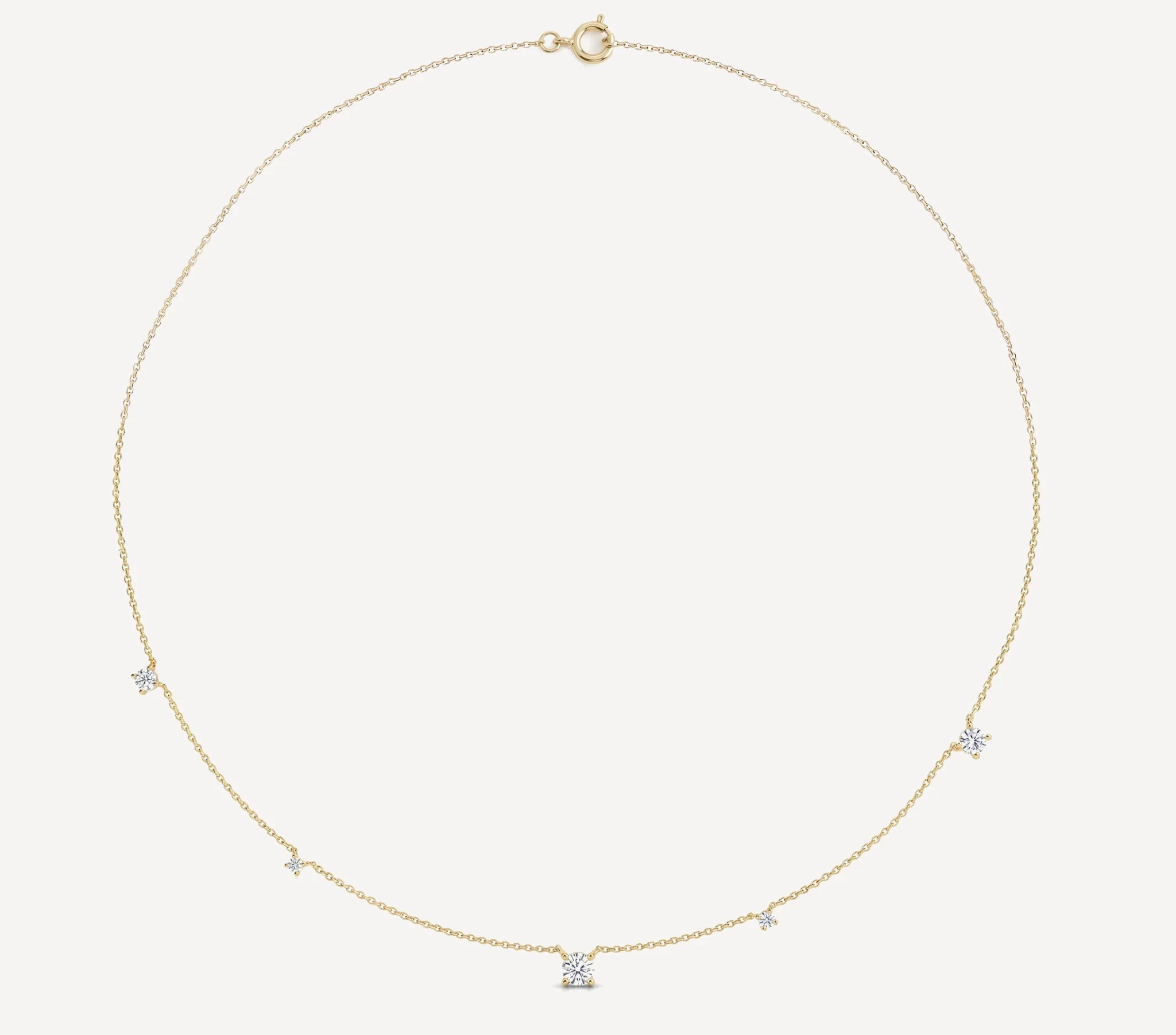 Celeste diamond satellite necklace in gold featuring five round brilliant diamonds on a delicate fine chain with spring ring clasp by HLSKJewellery
