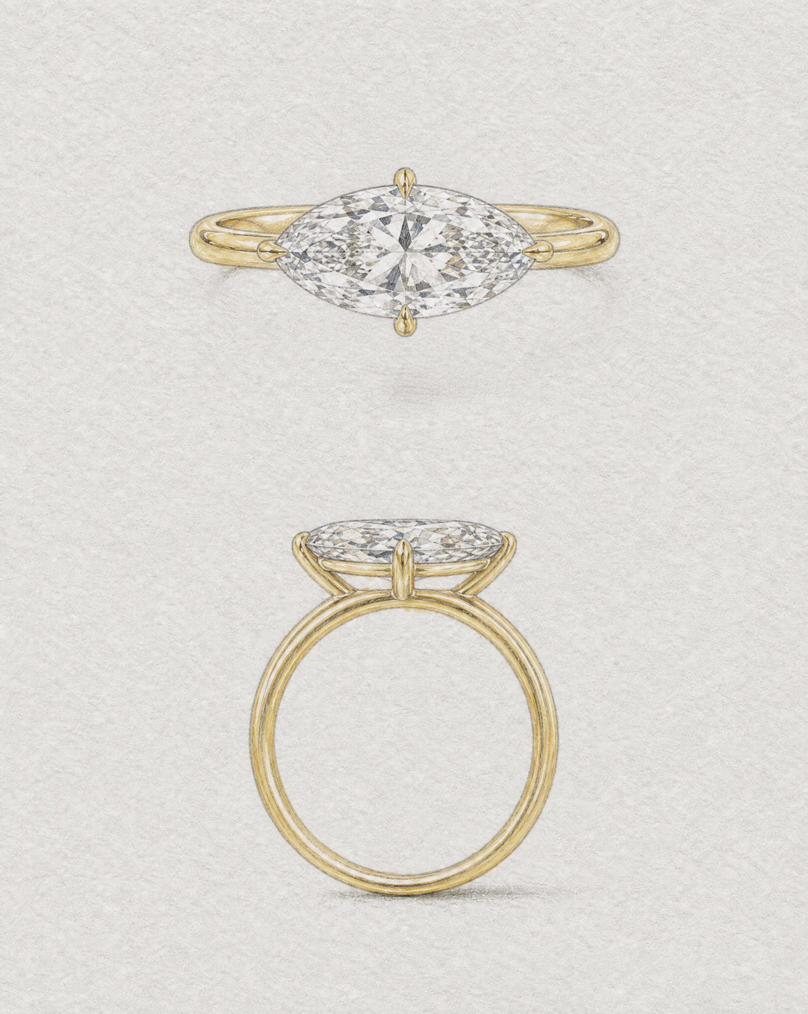 East to west moval diamond engagement ring in yellow gold designed by HLSK Jewellery Melbourne, featuring a bespoke marquise-oval hybrid diamond and handcrafted setting. 
