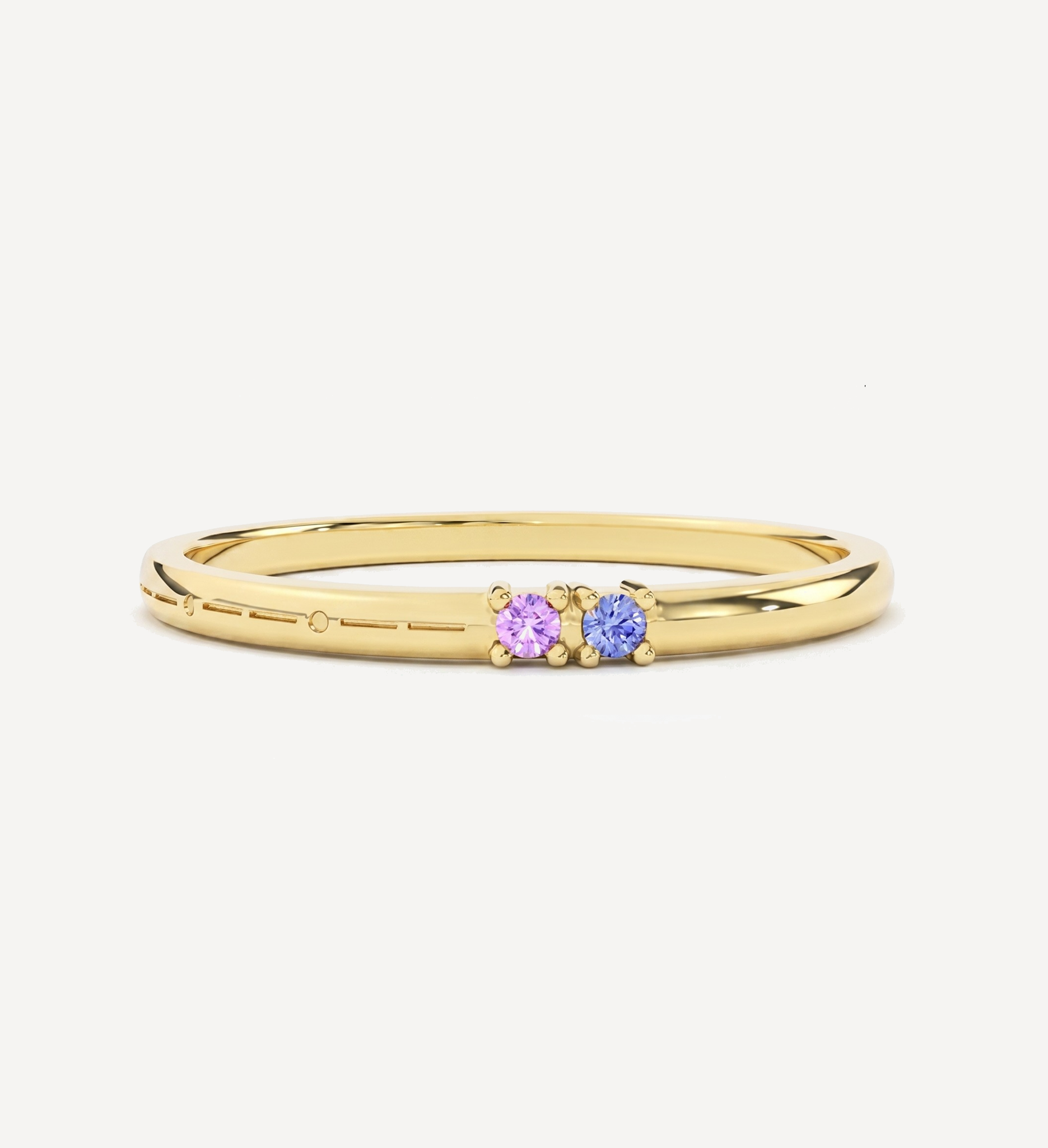Engraved Morse code diamond ring in polished yellow gold featuring personalised Morse code engraving and two round white diamonds set side-by-side on a slim gold band 