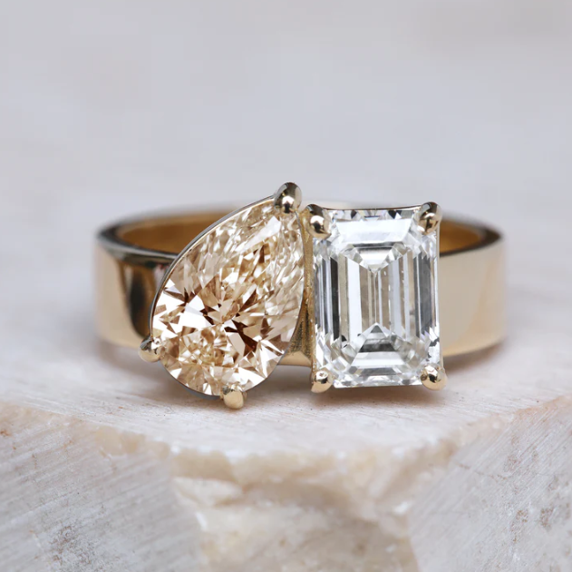 3.57ct Toi et Moi Pear & Emerald Diamond Ring | One Of A Kind