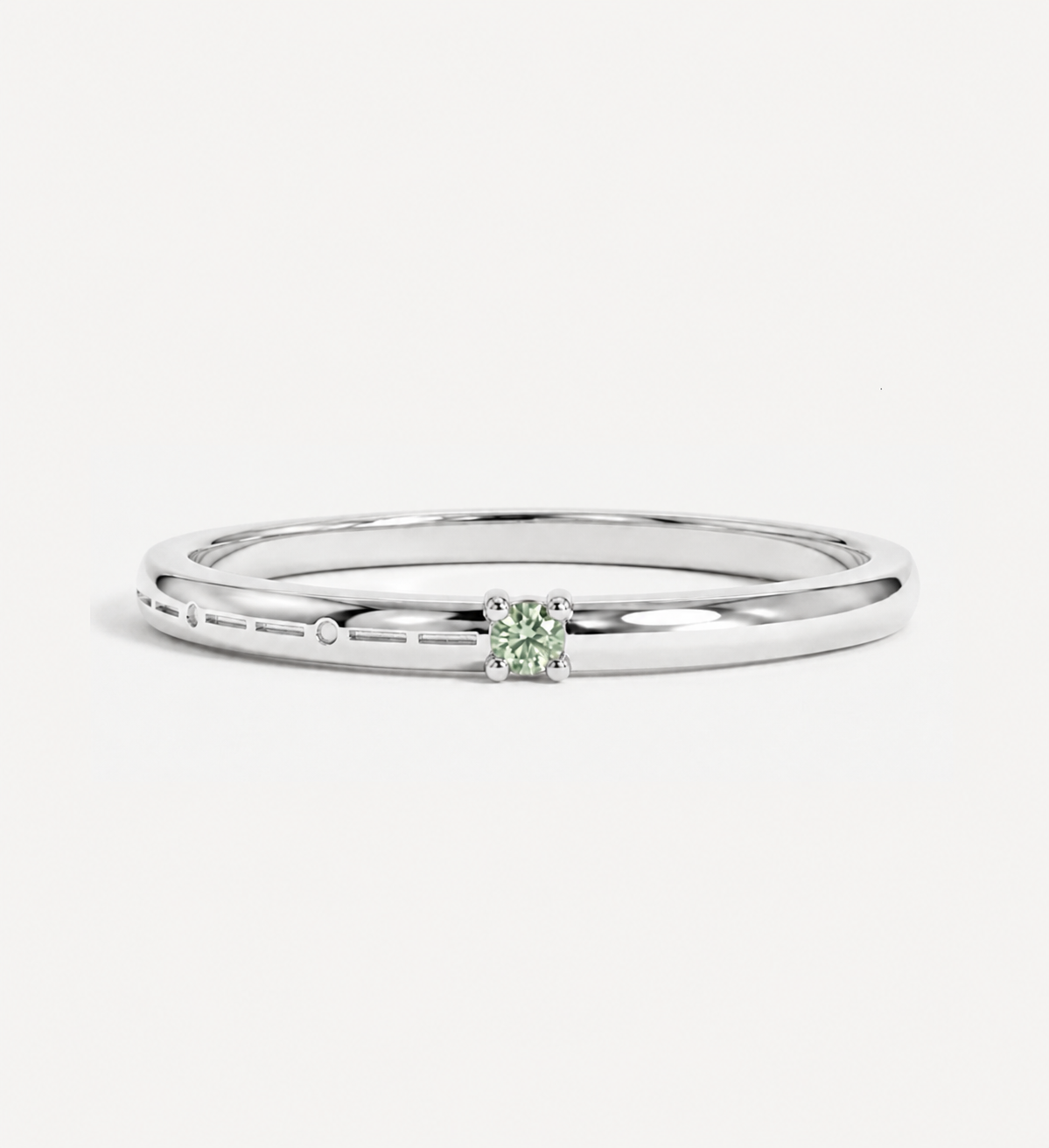 Custom engraved Morse code single birthstone ring in polished sterling silver with a pink birthstone and personalised Morse code engraving